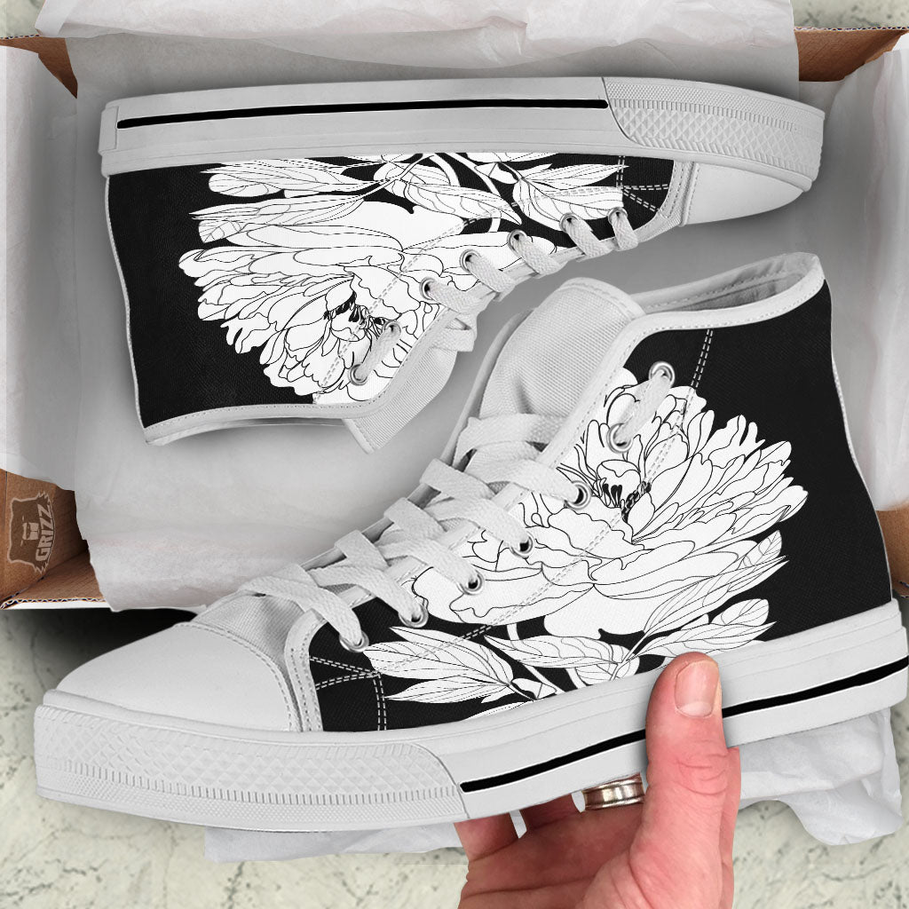 Flower White And Black Print White High Top Shoes-grizzshop