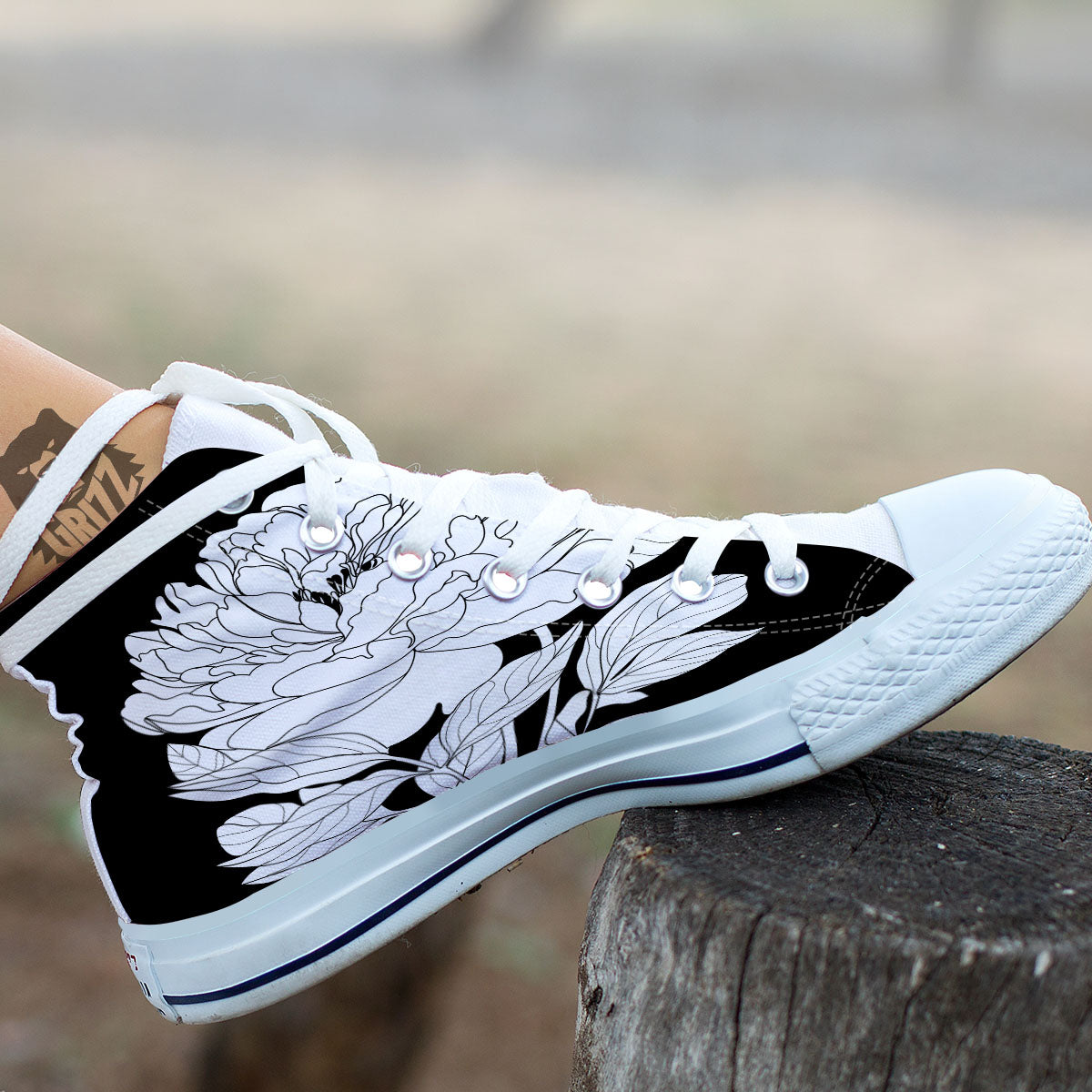 Flower White And Black Print White High Top Shoes-grizzshop