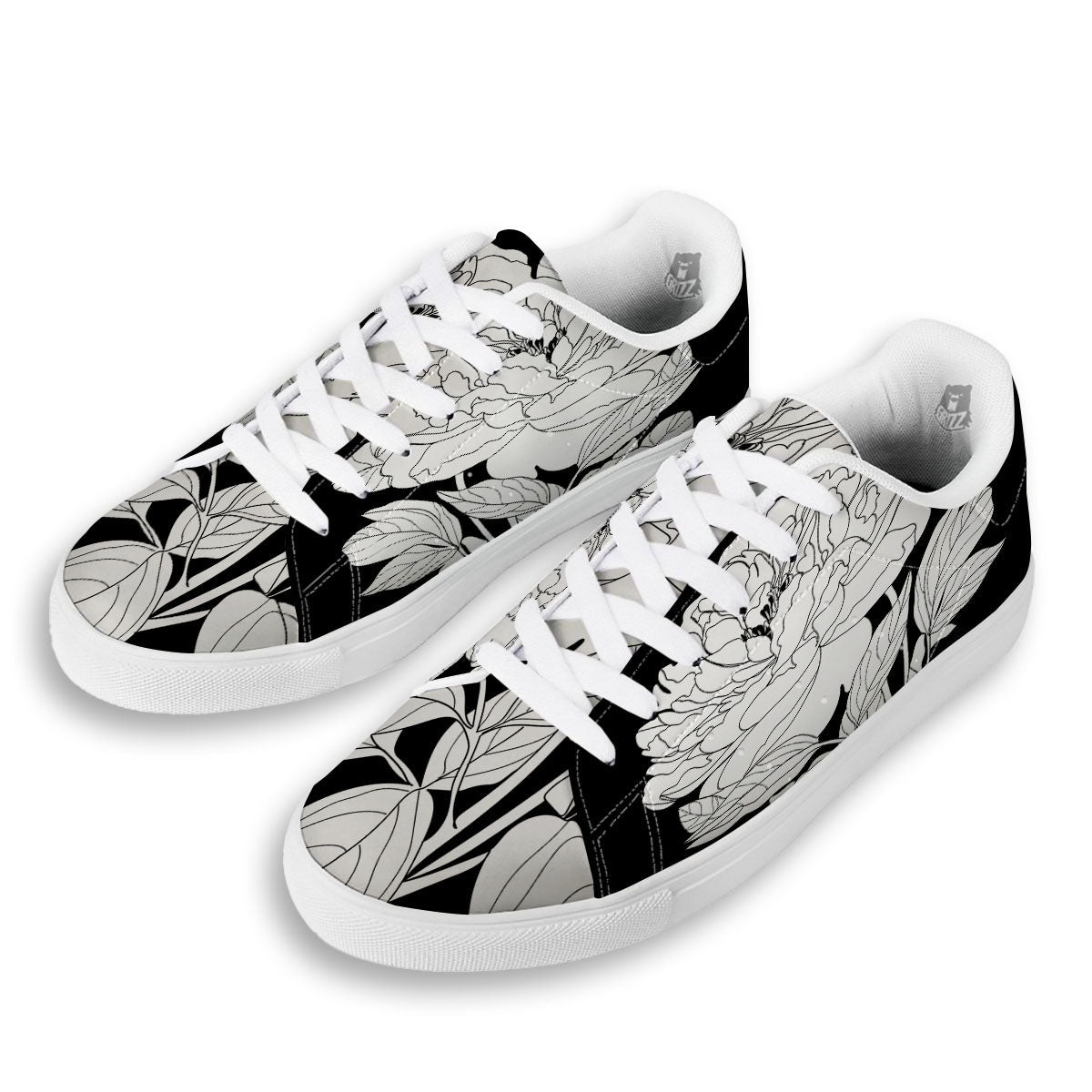 Flower White And Black Print White Low Top Sneakers-grizzshop