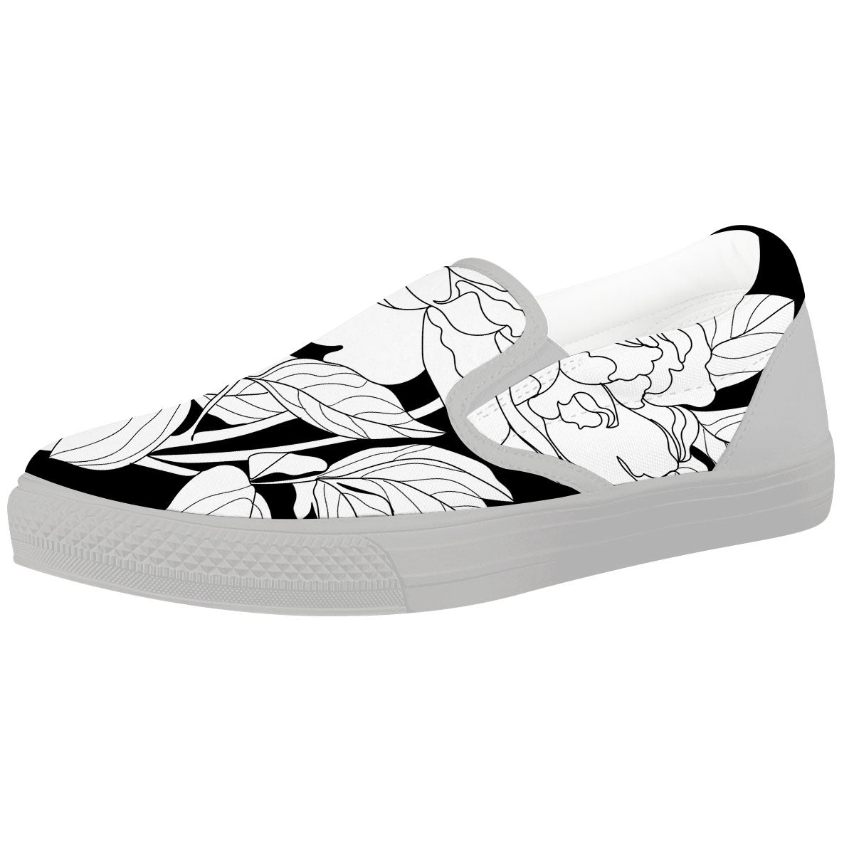 Flower White And Black Print White Slip On Shoes-grizzshop