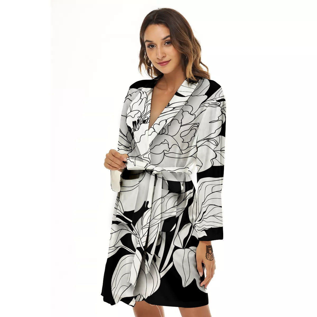 Flower White And Black Print Women's Robe-grizzshop