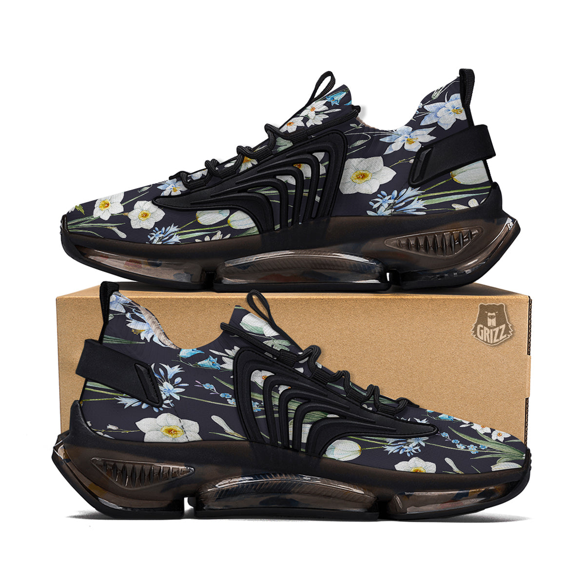 Flower White Daffodil Print Pattern Black Gym Shoes-grizzshop