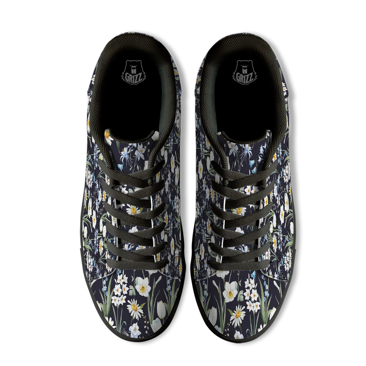 Flower White Daffodil Print Pattern Black Low Top Sneakers-grizzshop