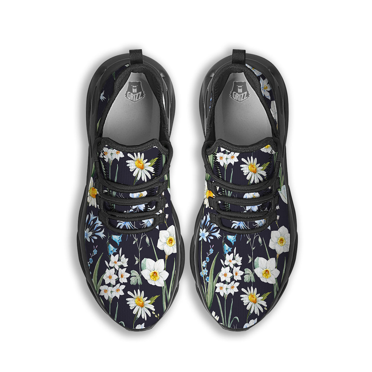 Flower White Daffodil Print Pattern Black Running Shoes-grizzshop