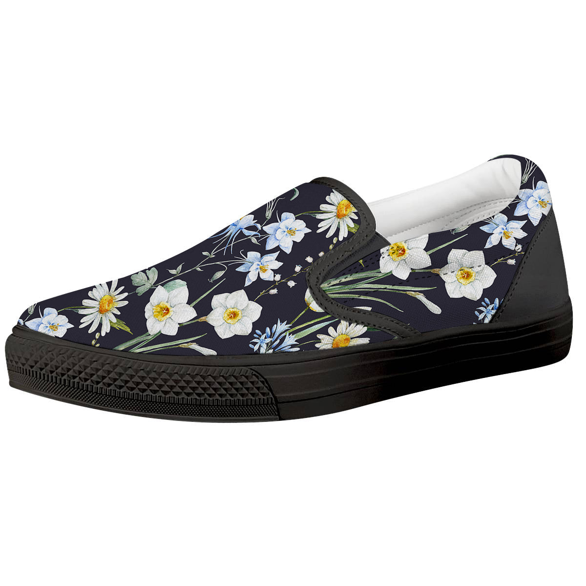 Flower White Daffodil Print Pattern Black Slip On Shoes-grizzshop