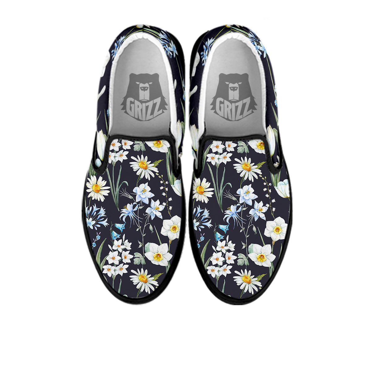 Flower White Daffodil Print Pattern Black Slip On Shoes-grizzshop