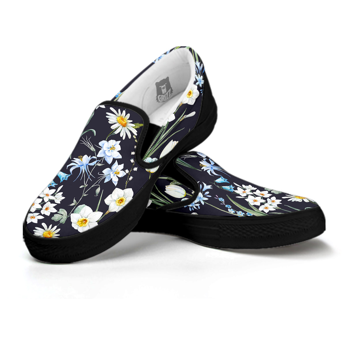 Flower White Daffodil Print Pattern Black Slip On Shoes-grizzshop