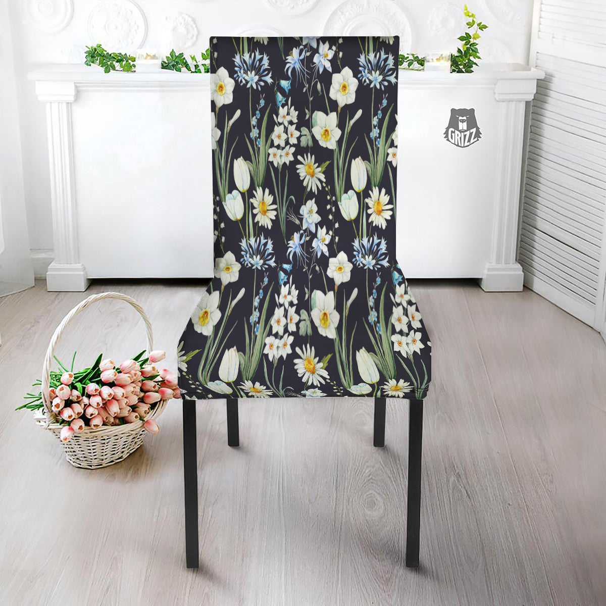 Flower White Daffodil Print Pattern Dining Chair Slipcover-grizzshop
