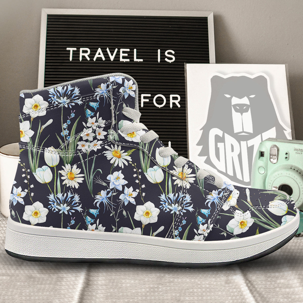 Flower White Daffodil Print Pattern High Top Sneakers-grizzshop