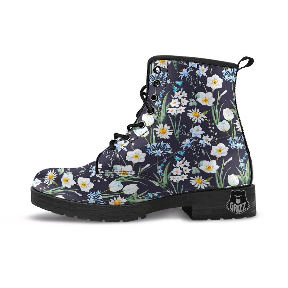 Flower White Daffodil Print Pattern Leather Boots-grizzshop