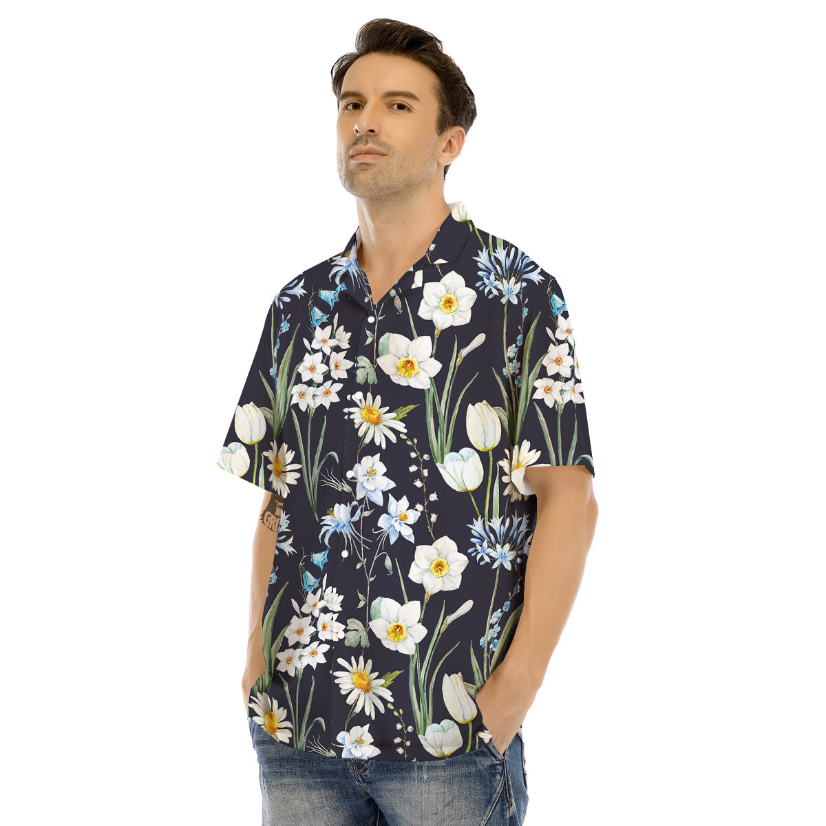 Flower White Daffodil Print Pattern Men's Hawaiian Shirt-grizzshop