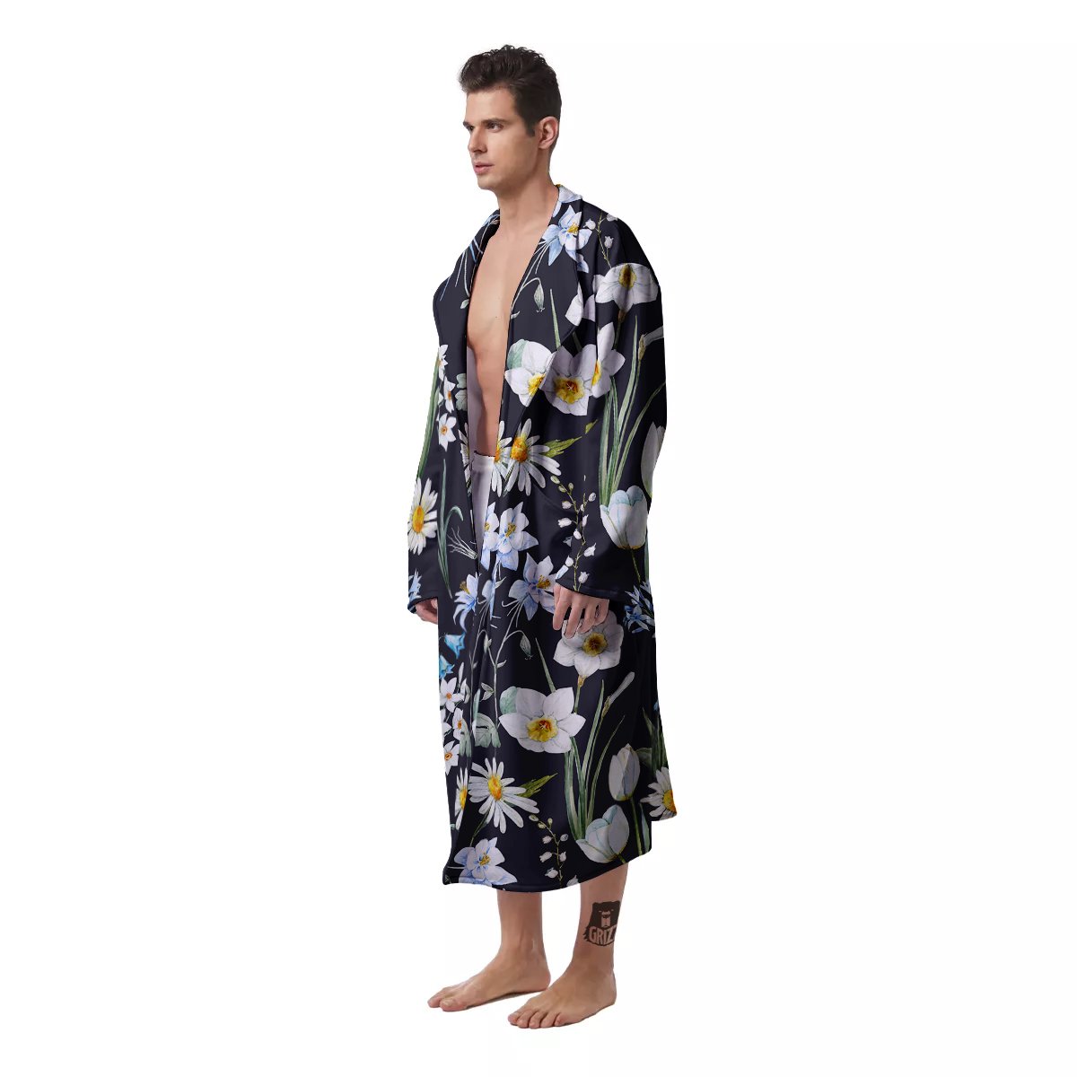 Flower White Daffodil Print Pattern Men's Robe-grizzshop