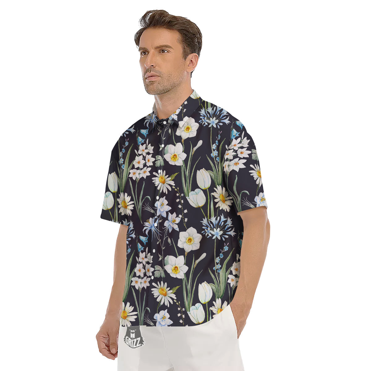 Flower White Daffodil Print Pattern Men's Short Sleeve Shirts-grizzshop