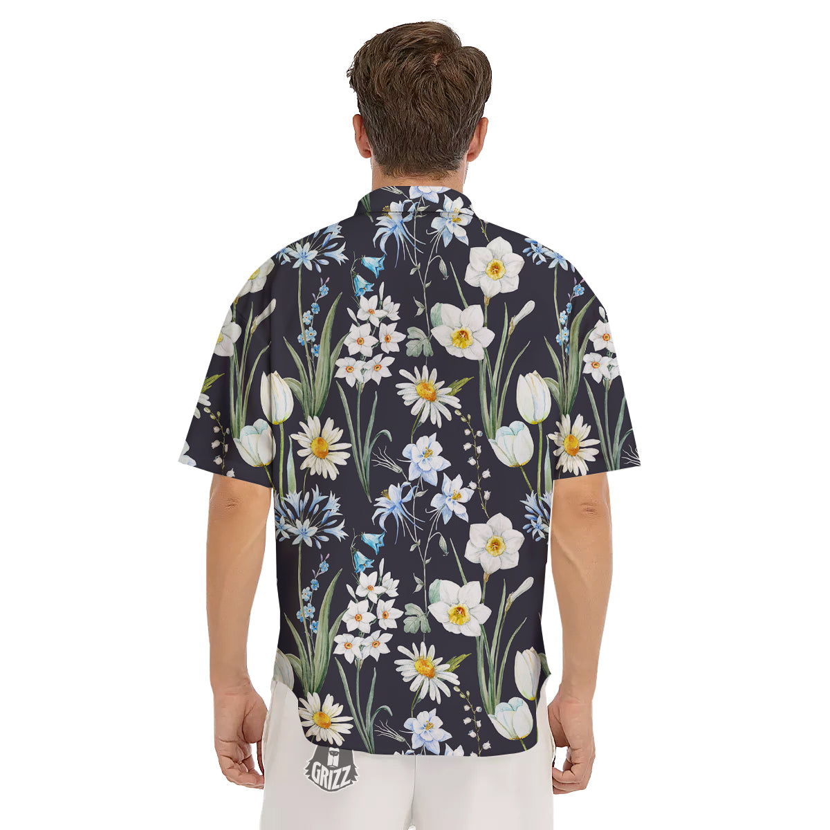 Flower White Daffodil Print Pattern Men's Short Sleeve Shirts-grizzshop
