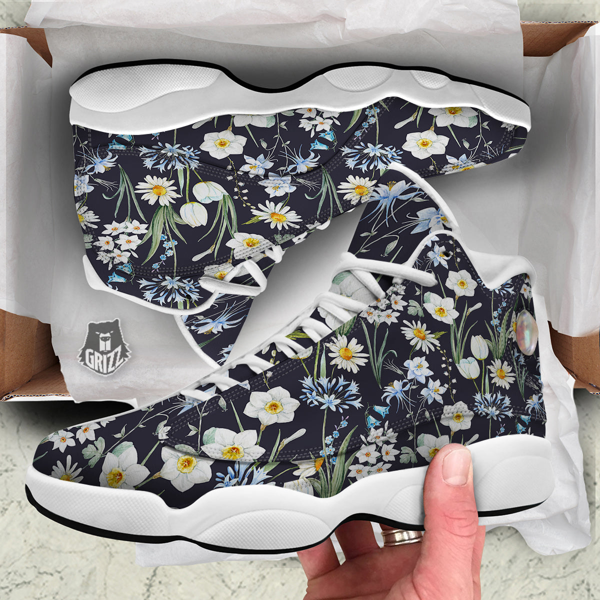 Flower White Daffodil Print Pattern White Basketball Shoes-grizzshop