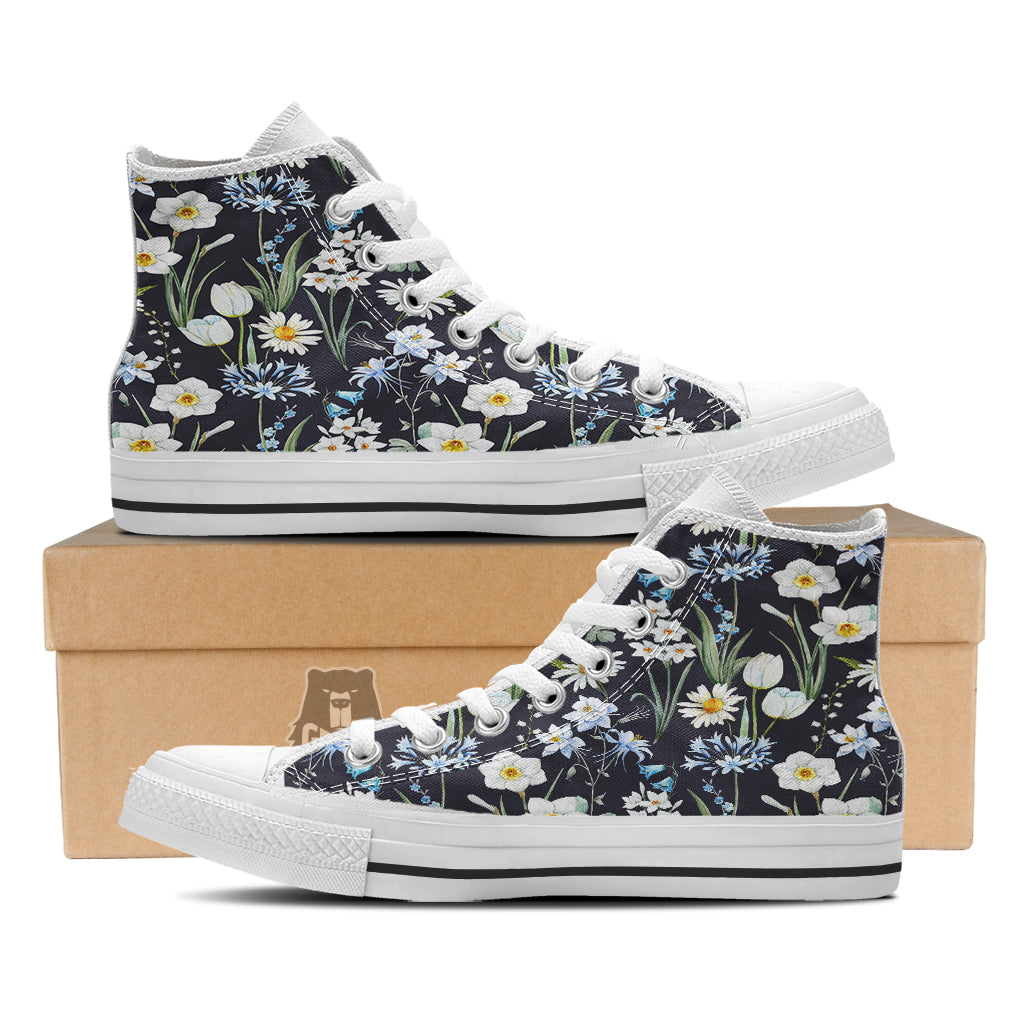 Flower White Daffodil Print Pattern White High Top Shoes-grizzshop
