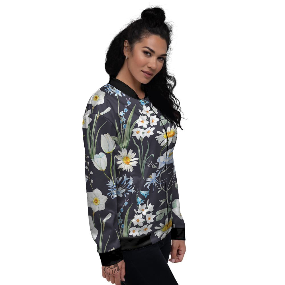Flower White Daffodil Print Pattern Women's Bomber Jacket-grizzshop