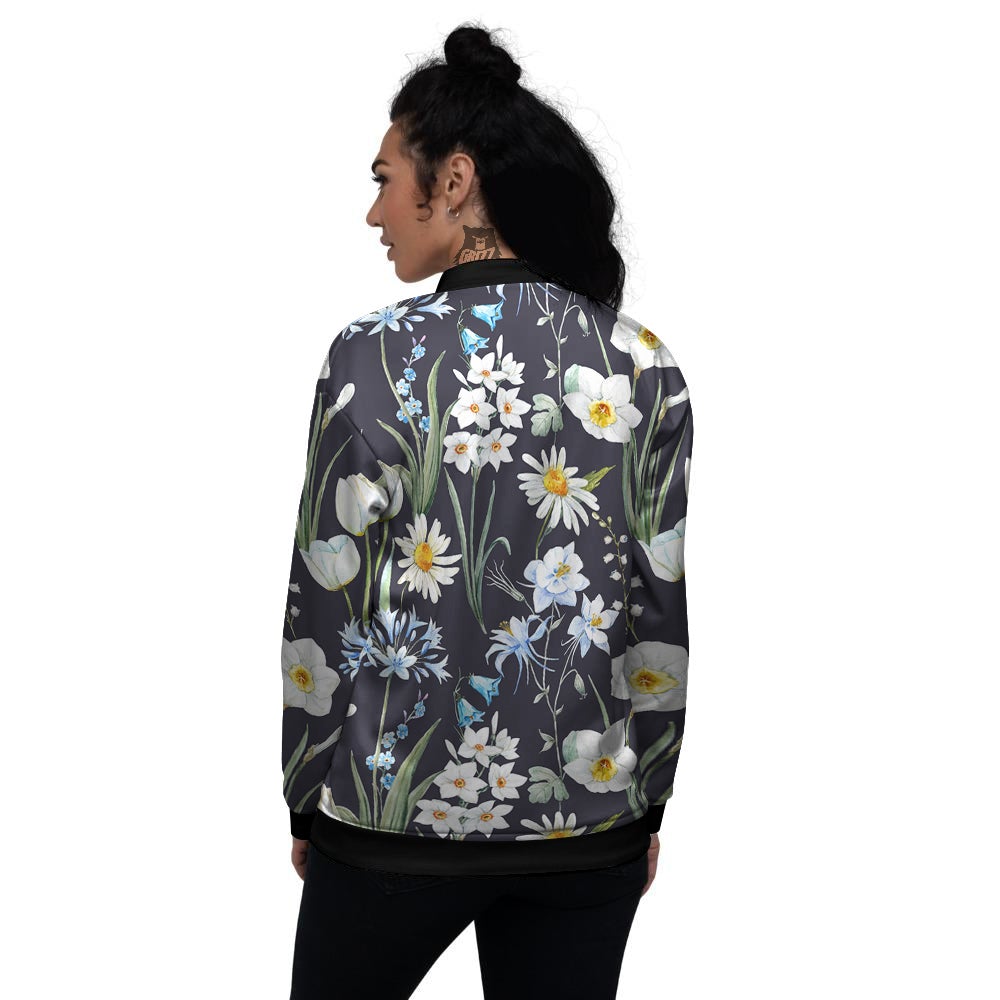 Flower White Daffodil Print Pattern Women's Bomber Jacket-grizzshop