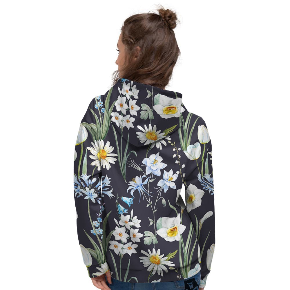 Flower White Daffodil Print Pattern Women's Hoodie-grizzshop