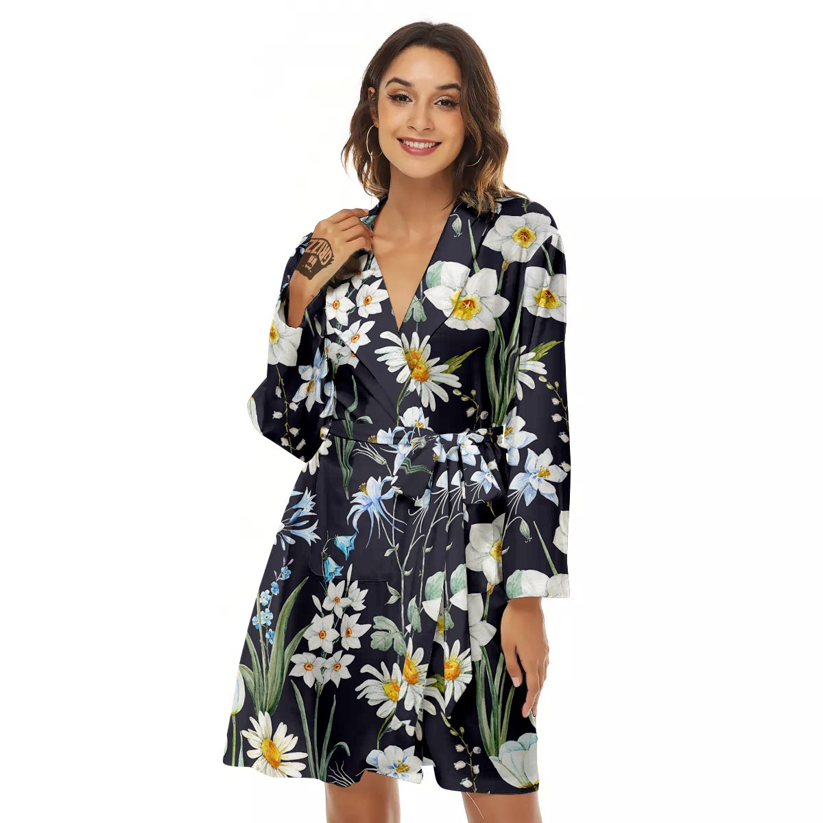 Flower White Daffodil Print Pattern Women's Robe-grizzshop
