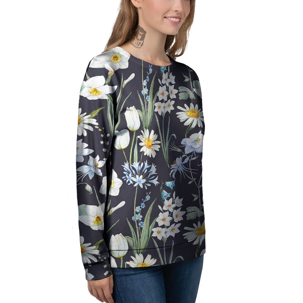 Flower White Daffodil Print Pattern Women's Sweatshirt-grizzshop
