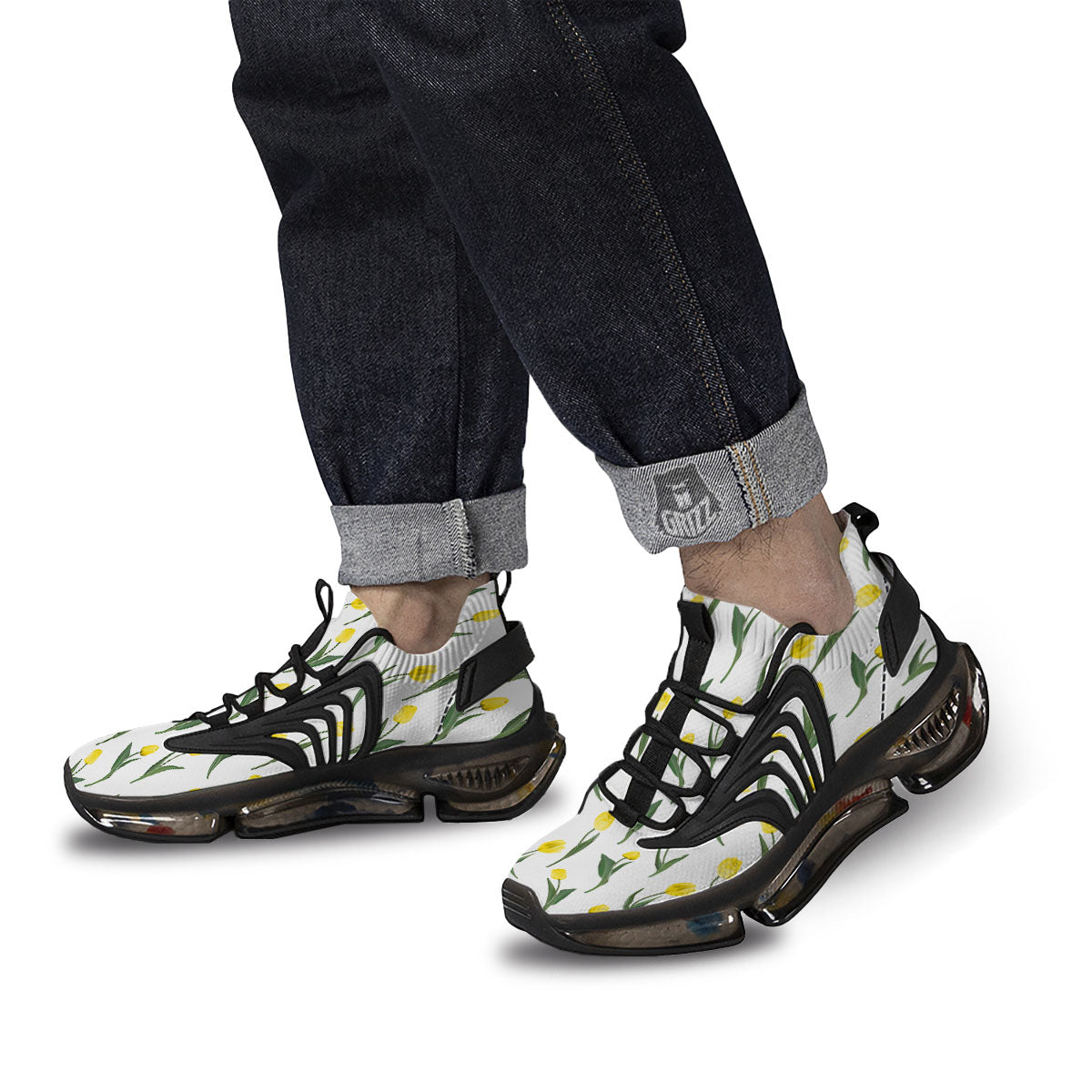 Flower Yellow Tulip White Print Pattern Black Gym Shoes-grizzshop