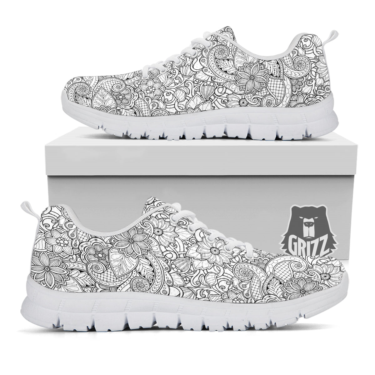 Flower Zentangle Print Pattern White Sneaker-grizzshop