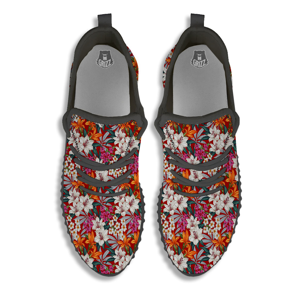 Flowers Aloha Hawaiian Print Pattern Black Walking Shoes-grizzshop
