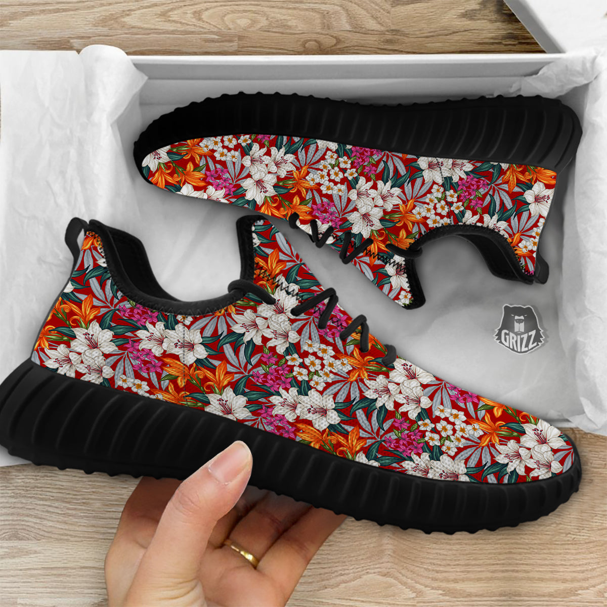 Flowers Aloha Hawaiian Print Pattern Black Walking Shoes-grizzshop