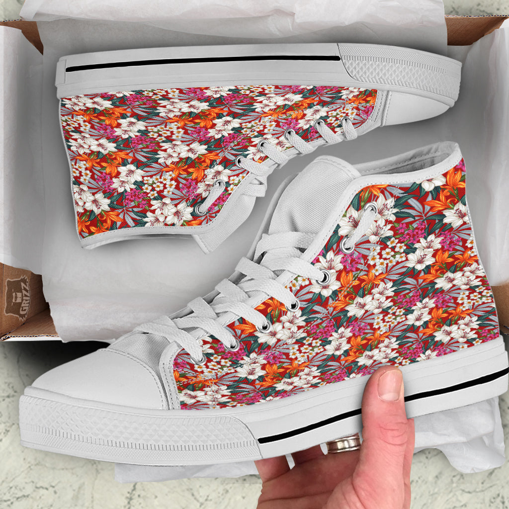 Flowers Aloha Hawaiian Print Pattern White High Top Shoes-grizzshop