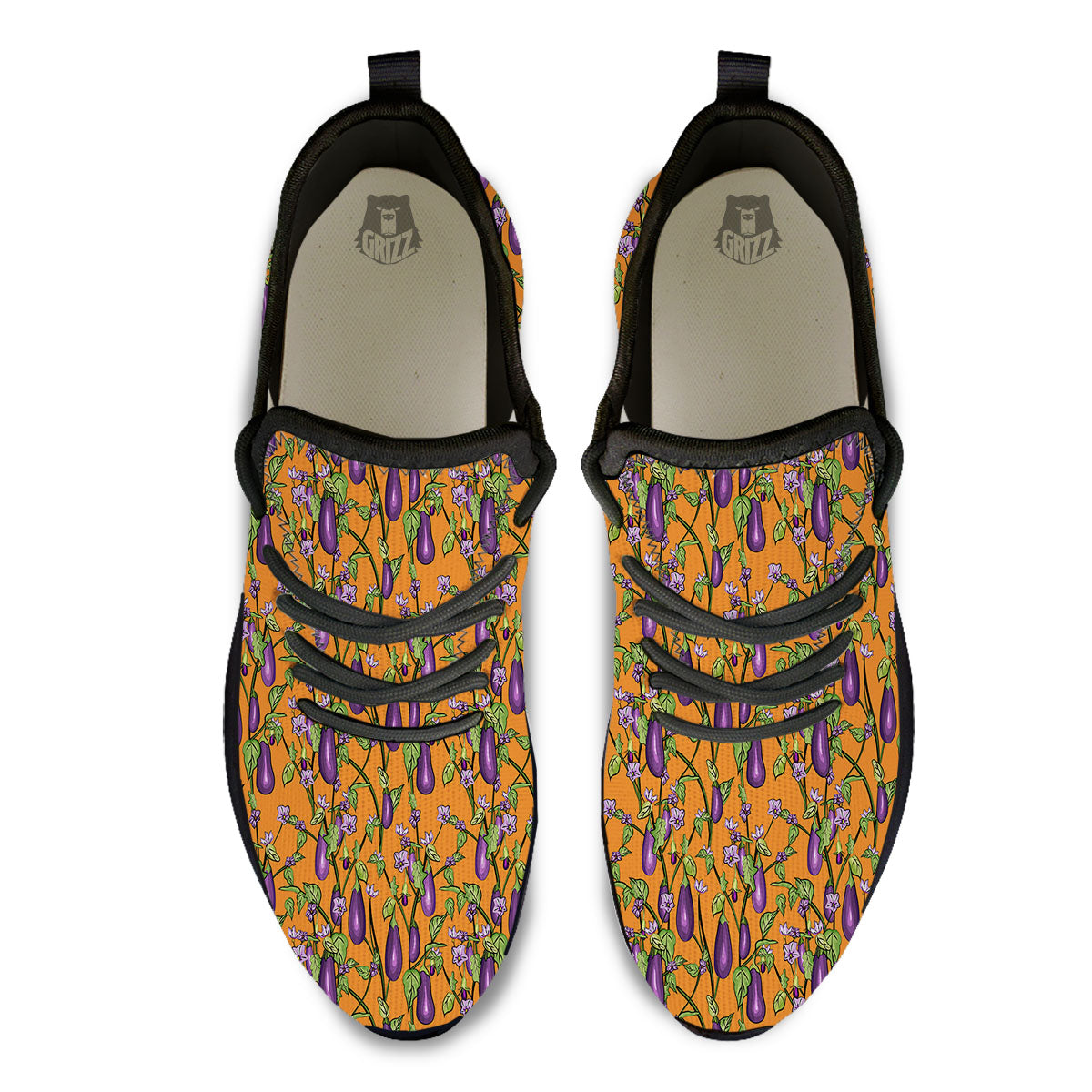 Flowers And Eggplant With Leaves Print Black Athletic Shoes-grizzshop