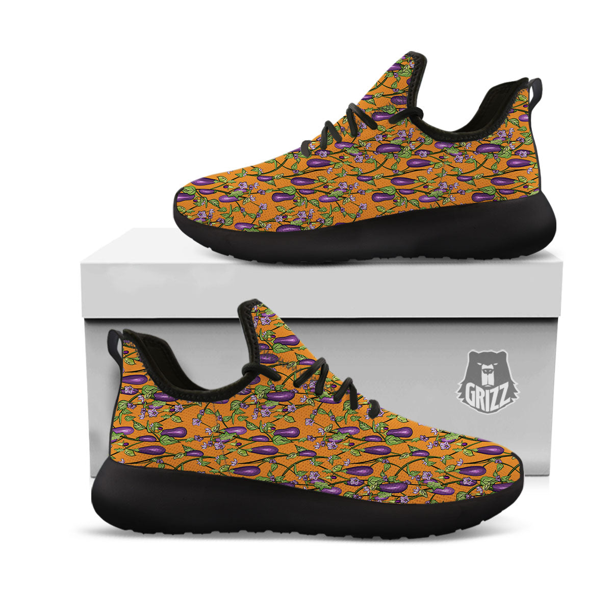 Flowers And Eggplant With Leaves Print Black Athletic Shoes-grizzshop