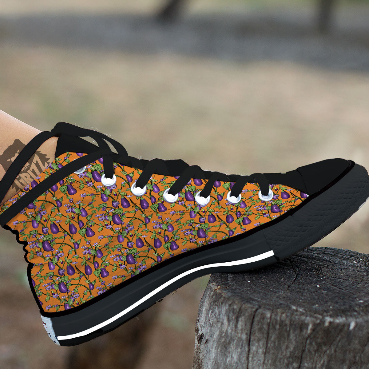 Flowers And Eggplant With Leaves Print Black High Top Shoes-grizzshop