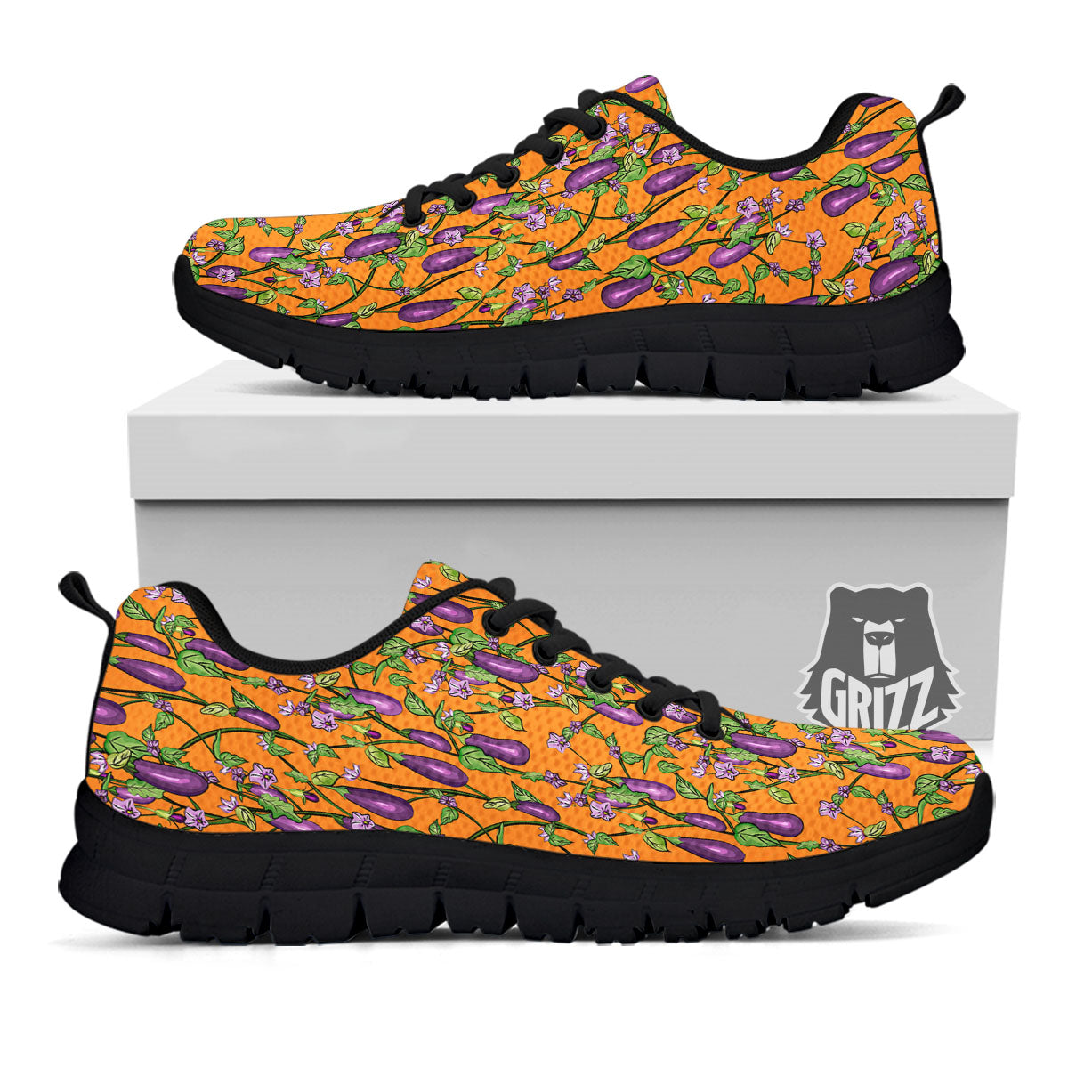 Flowers And Eggplant With Leaves Print Black Sneaker-grizzshop