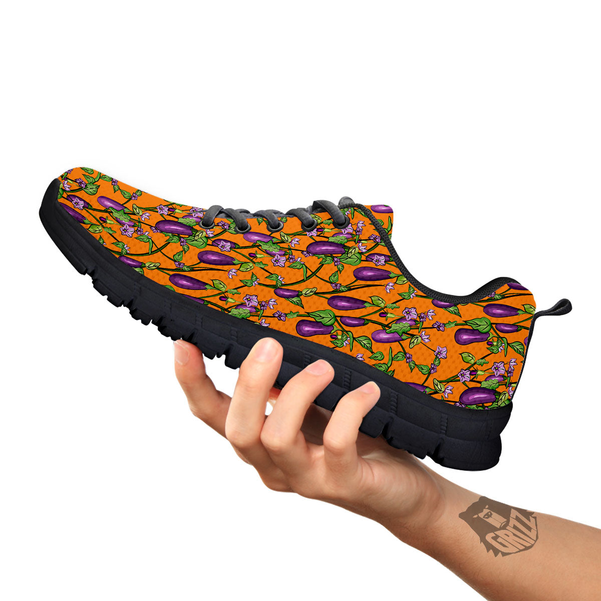 Flowers And Eggplant With Leaves Print Black Sneaker-grizzshop