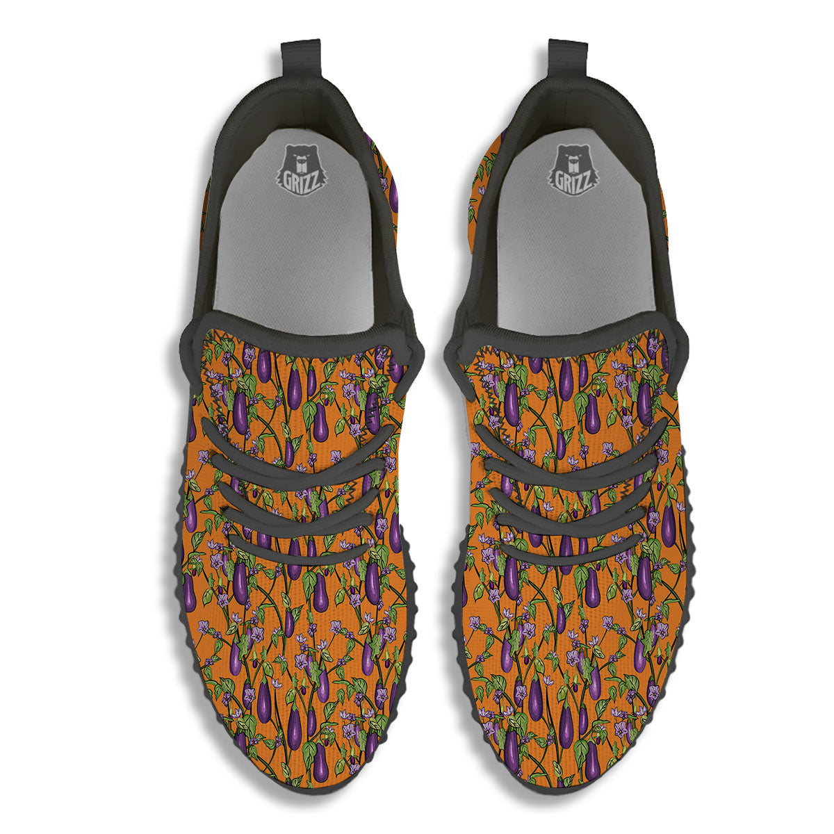 Flowers And Eggplant With Leaves Print Black Walking Shoes-grizzshop