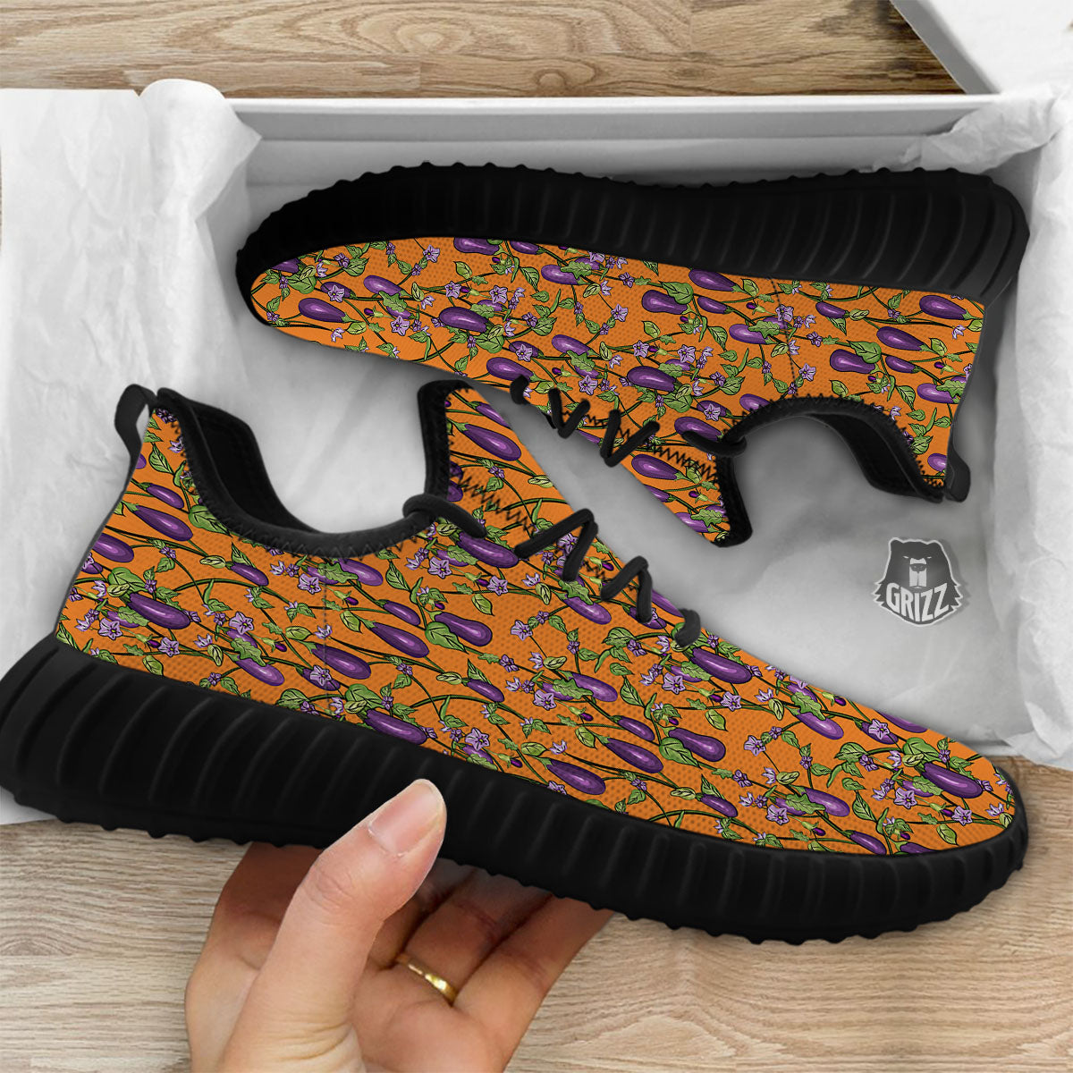Flowers And Eggplant With Leaves Print Black Walking Shoes-grizzshop