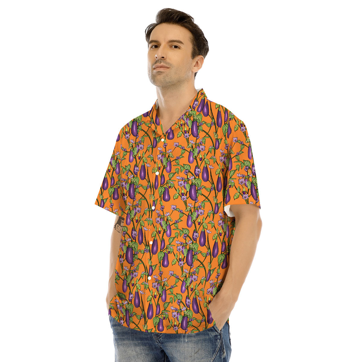 Flowers And Eggplant With Leaves Print Men's Hawaiian Shirt-grizzshop