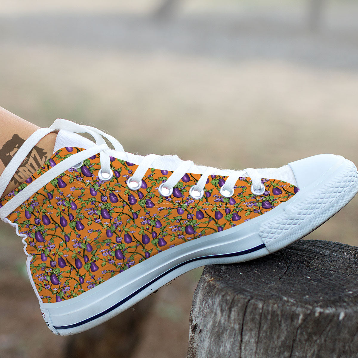 Flowers And Eggplant With Leaves Print White High Top Shoes-grizzshop