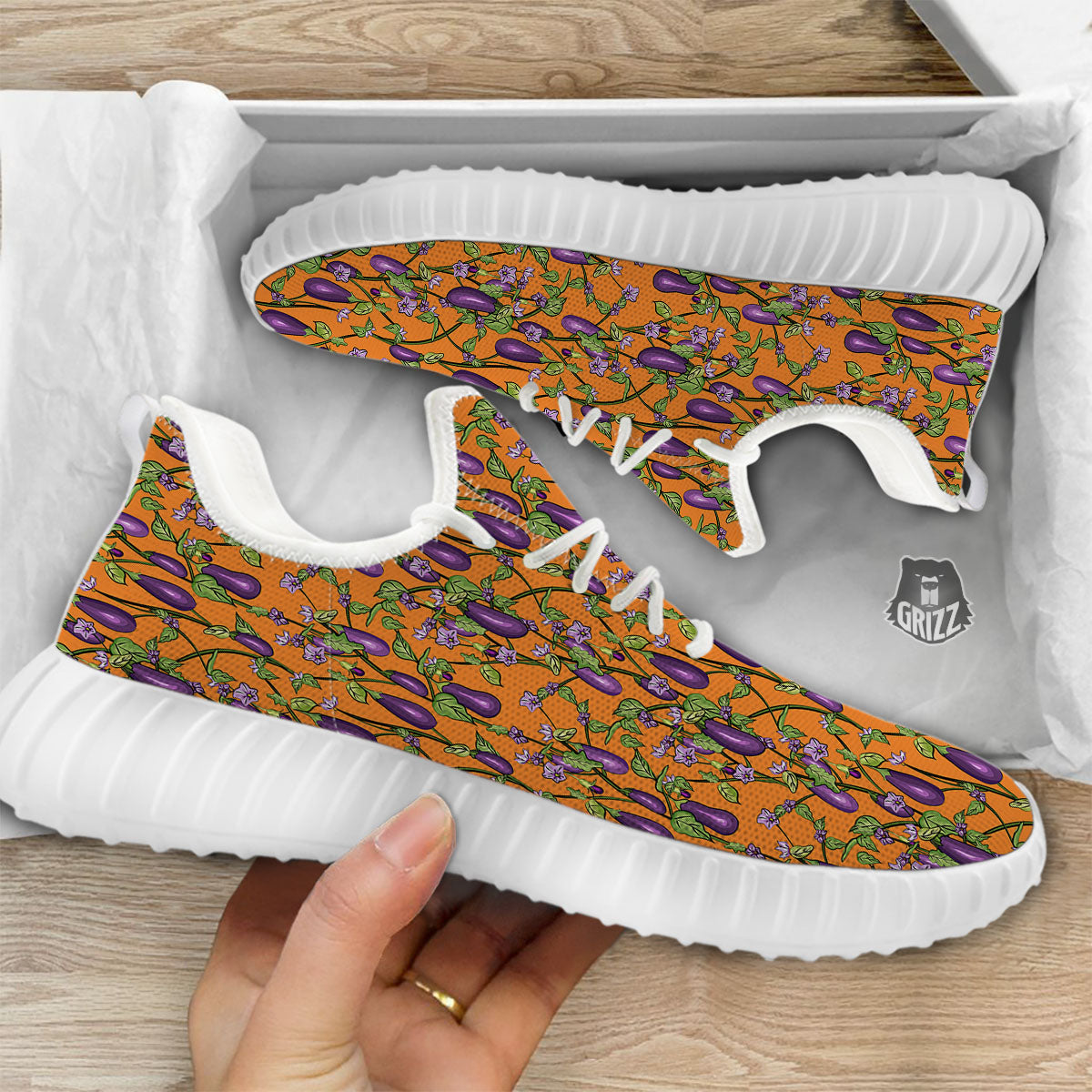 Flowers And Eggplant With Leaves Print White Walking Shoes-grizzshop