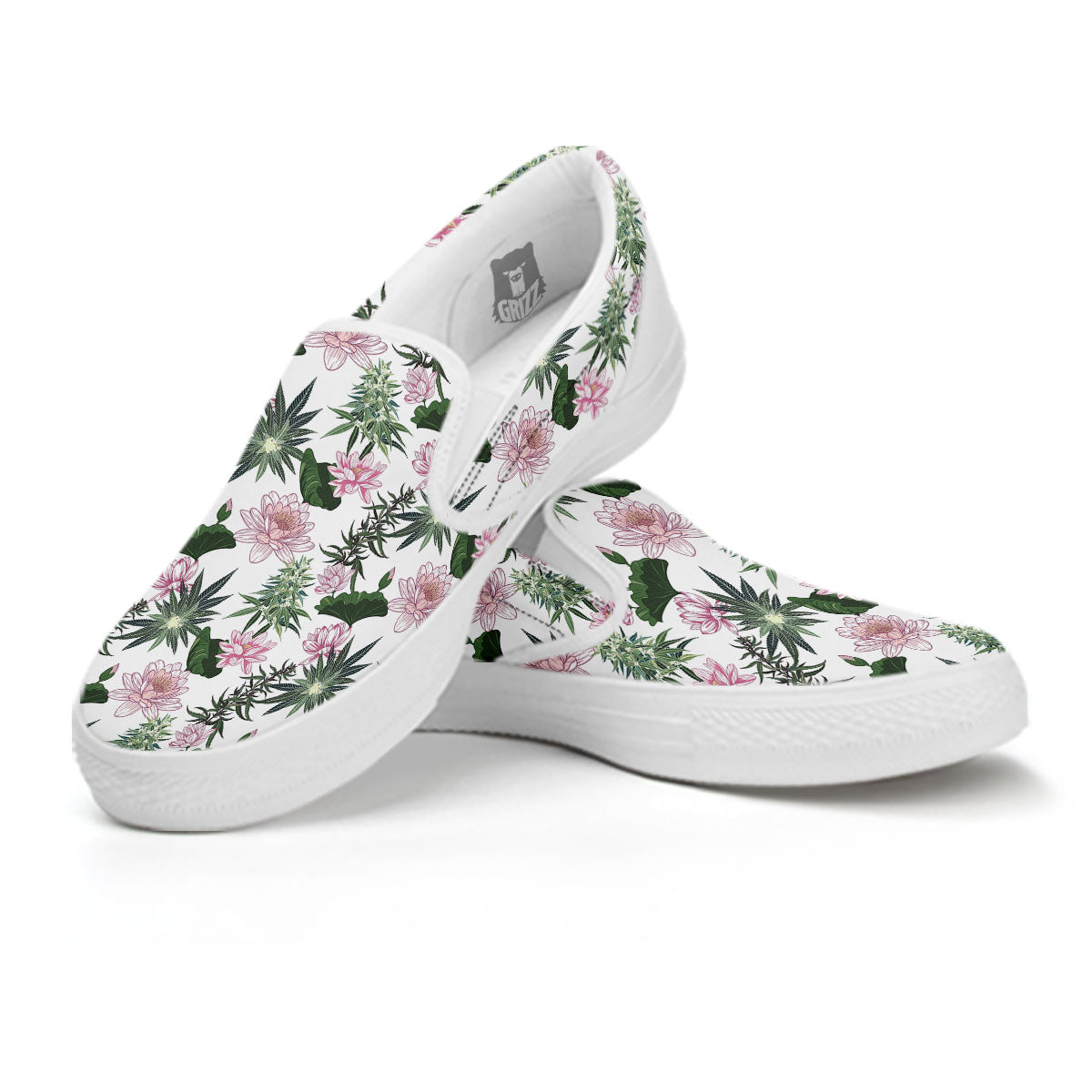 Flowers And Hemp Leaves Print Pattern White Slip On Shoes-grizzshop
