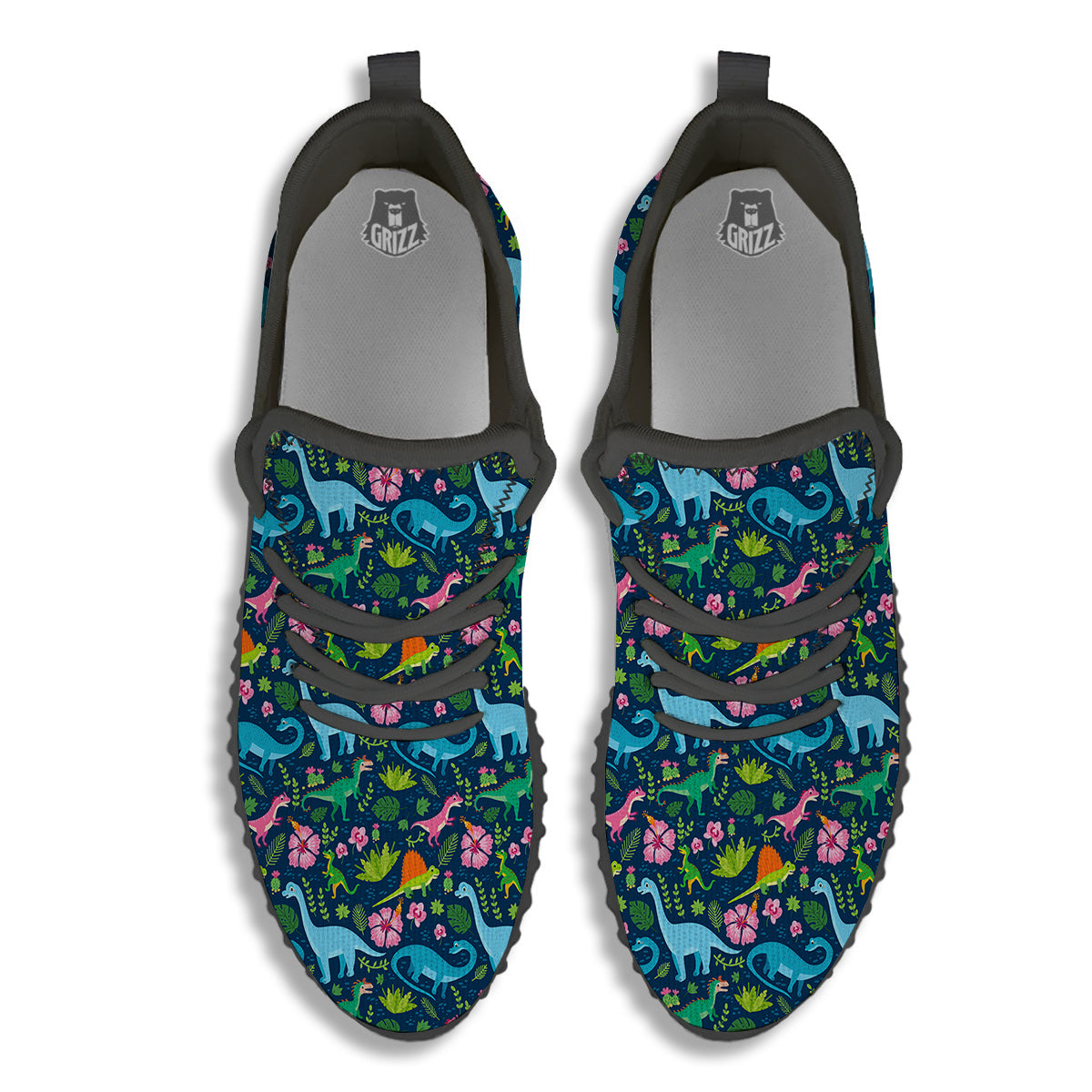 Flowers And Leaves Cute Dino Print Black Walking Shoes-grizzshop