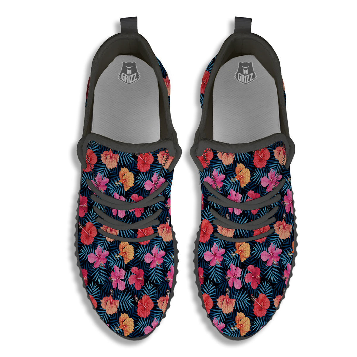 Flowers Exotic Hibiscus Print Pattern Black Walking Shoes-grizzshop