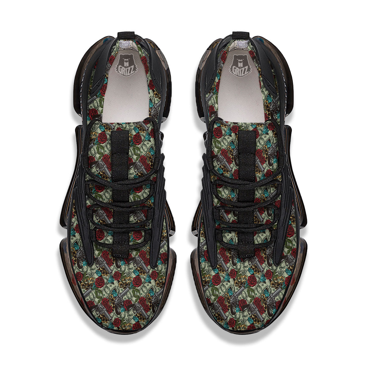 Flowers Guns And Print Pattern Black Gym Shoes-grizzshop