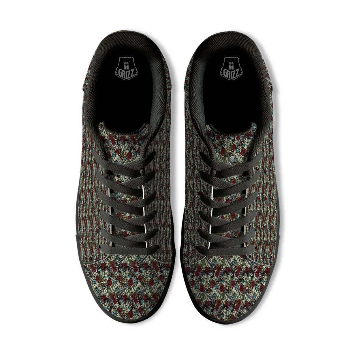 Flowers Guns And Print Pattern Black Low Top Sneakers-grizzshop