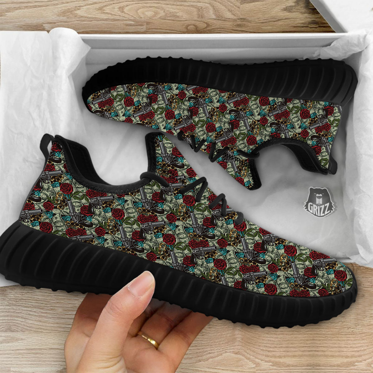 Flowers Guns And Print Pattern Black Walking Shoes-grizzshop
