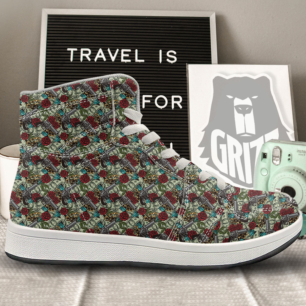 Flowers Guns And Print Pattern High Top Sneakers-grizzshop