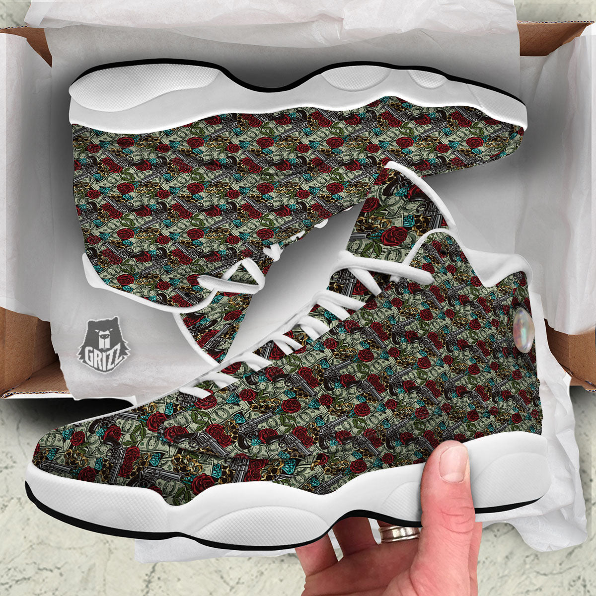 Flowers Guns And Print Pattern White Basketball Shoes-grizzshop
