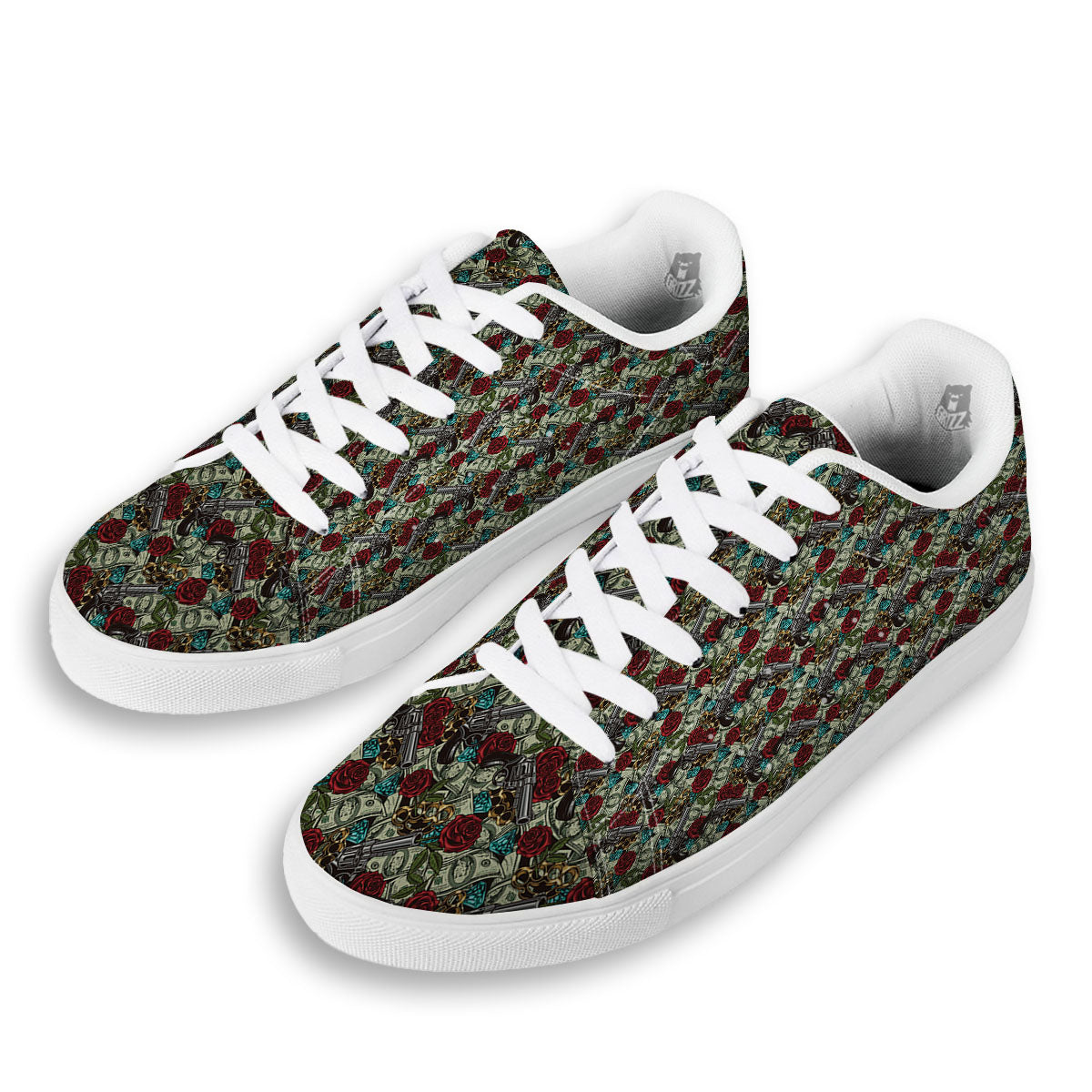 Flowers Guns And Print Pattern White Low Top Sneakers-grizzshop