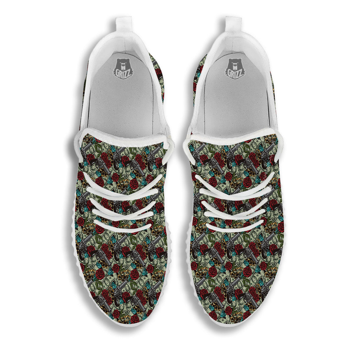 Flowers Guns And Print Pattern White Walking Shoes-grizzshop